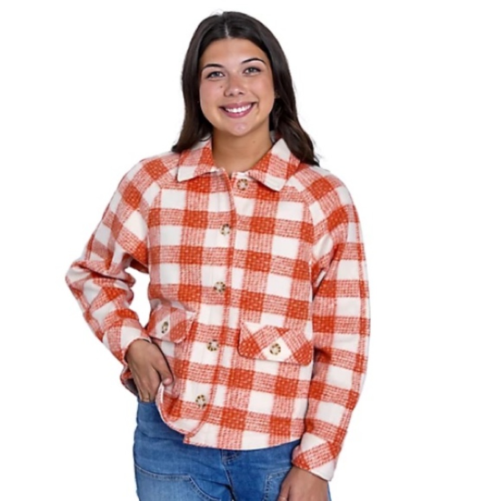 Molly Yeh TSC plaid brushed flannel Shacket clayorange plaid ptp 21 oversized XS